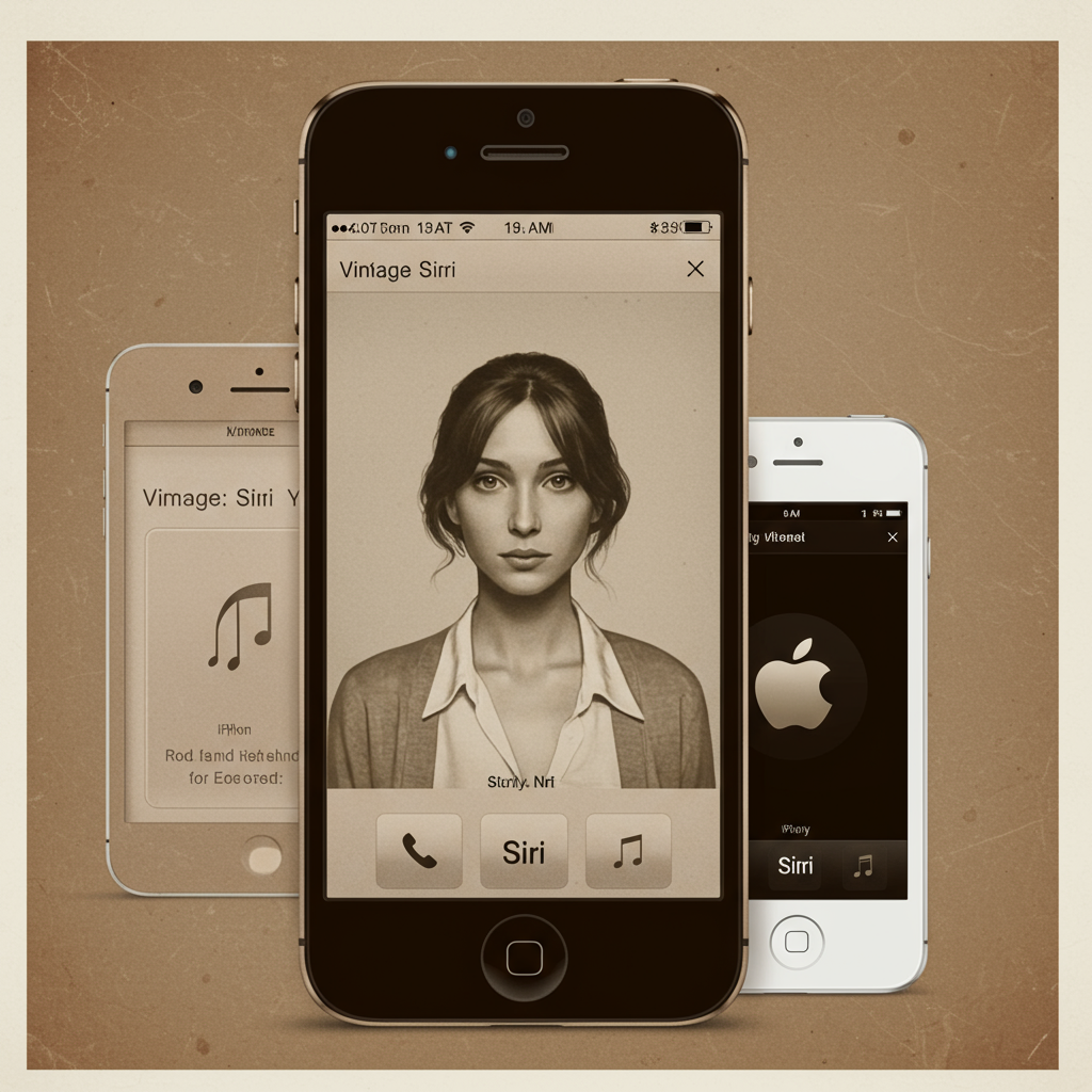 Imagen Generated: Vintage-iPhone-showing-the-original-Siri-interface-with-a-slightly-nostalgic-sepia-tone.-2.-A-collection-of-old-Apple-devices-highlighting-the-evolution-of-Siris-early-stages.-realistic-style-high-quality-detailed-beautiful-professional-trending-on-artstation