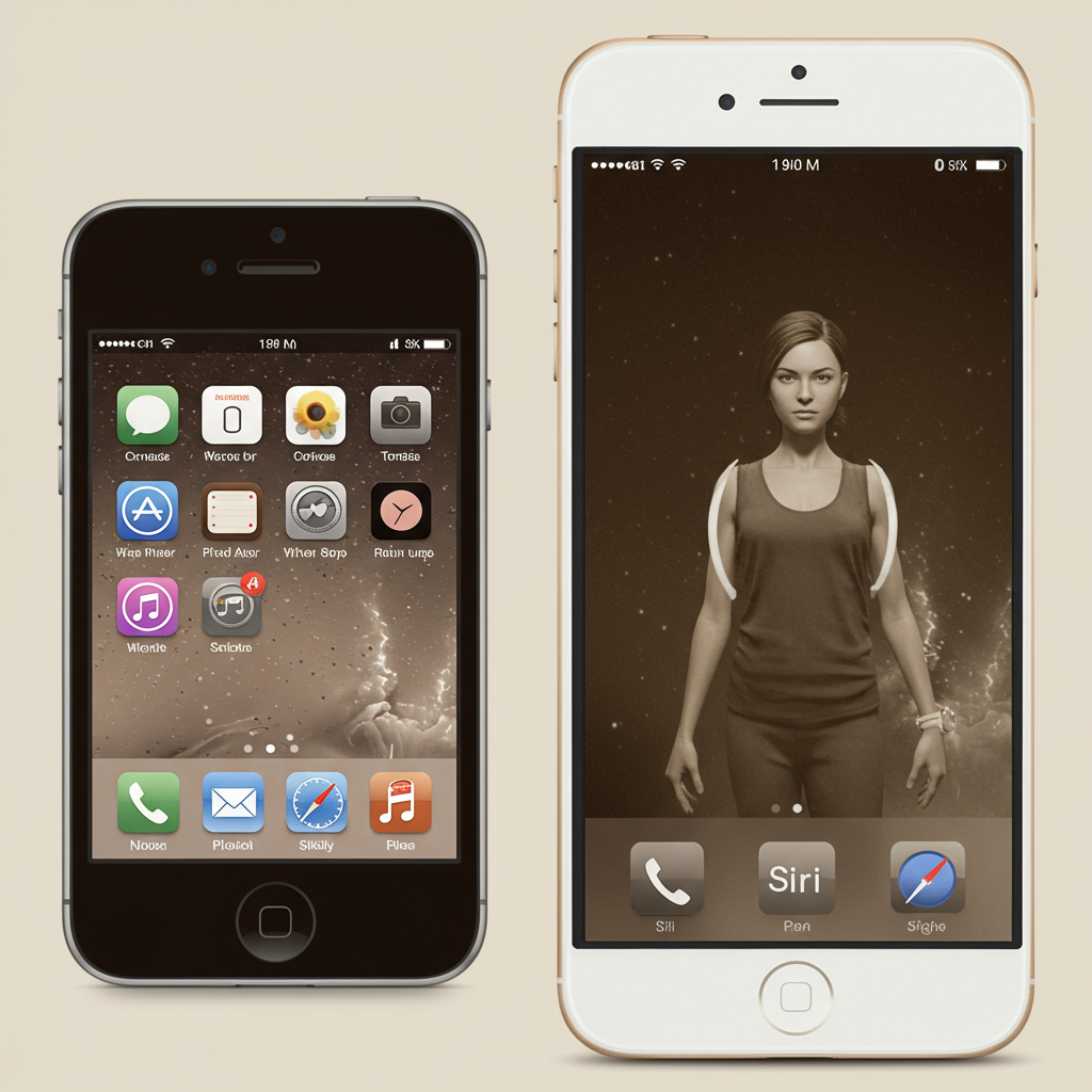 Imagen Generated: Vintage-iPhone-showing-the-original-Siri-interface-with-a-slightly-nostalgic-sepia-tone.-2.-A-collection-of-old-Apple-devices-highlighting-the-evolution-of-Siris-early-stages.-realistic-style-high-quality-detailed-beautiful-professional-trending-on-artstation