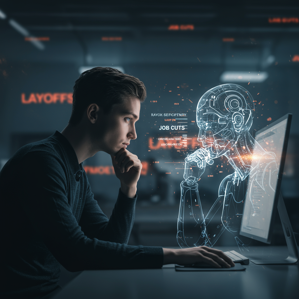 Imagen Generated: A-pensive-human-figure-sitting-at-a-computer-with-a-translucent-glowing-AI-interface-or-robot-silhouette-working-efficiently-beside-them.-Background-features-blurred-flashing-text-like-Layoffs-and-Job-Cuts.-high-quality-detailed-beautiful-professional-trending-on-artstation