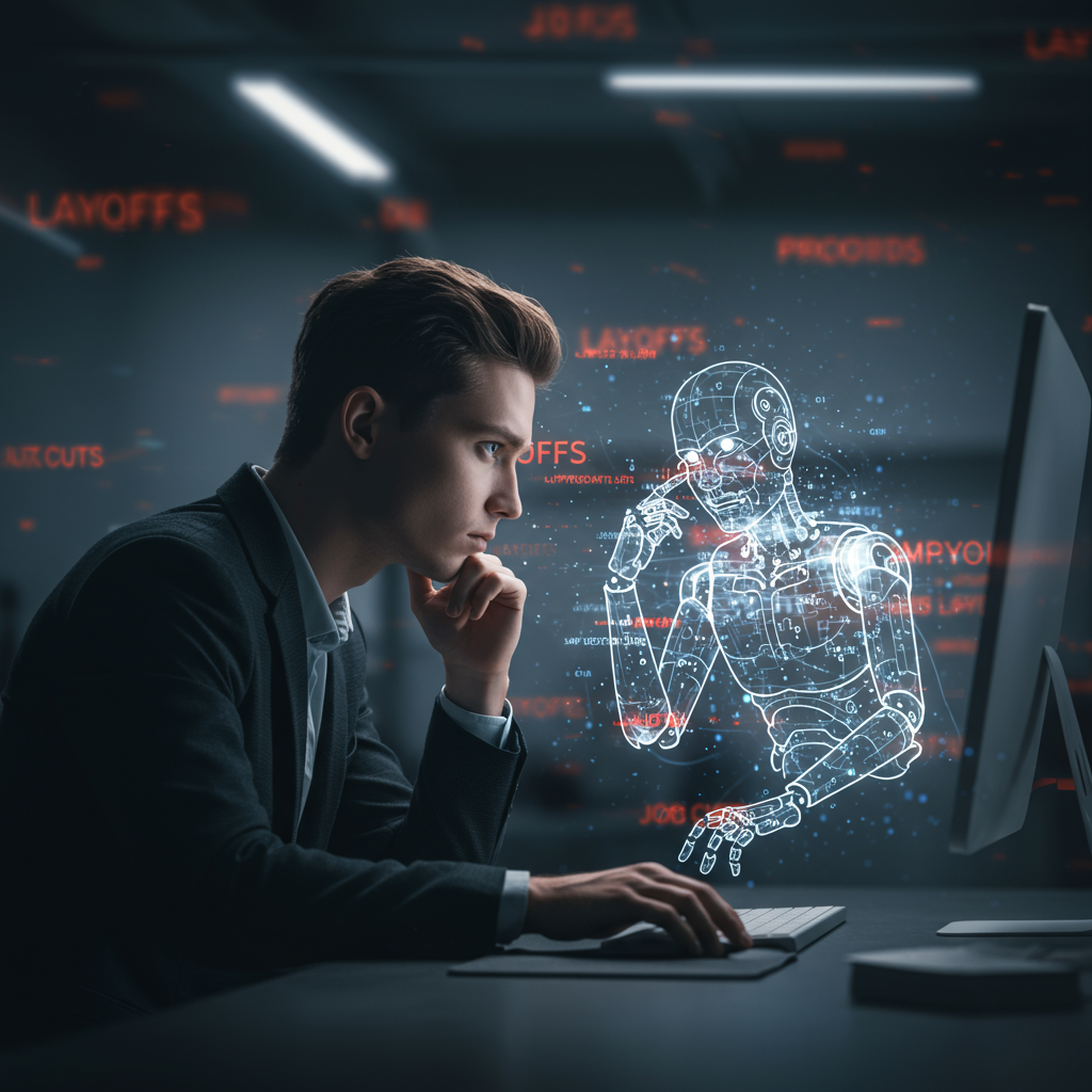 Imagen Generated: A-pensive-human-figure-sitting-at-a-computer-with-a-translucent-glowing-AI-interface-or-robot-silhouette-working-efficiently-beside-them.-Background-features-blurred-flashing-text-like-Layoffs-and-Job-Cuts.-high-quality-detailed-beautiful-professional-trending-on-artstation