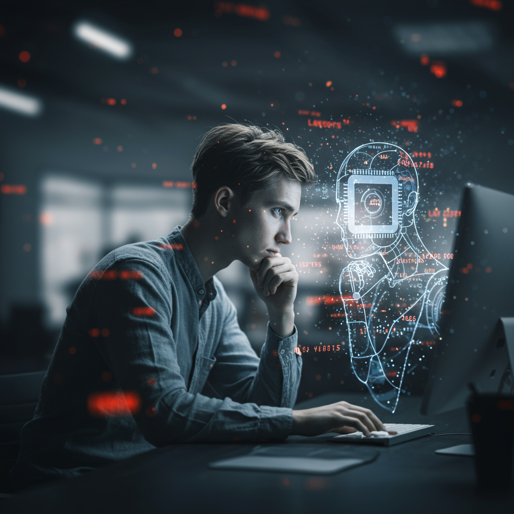 Imagen Generated: A-pensive-human-figure-sitting-at-a-computer-with-a-translucent-glowing-AI-interface-or-robot-silhouette-working-efficiently-beside-them.-Background-features-blurred-flashing-text-like-Layoffs-and-Job-Cuts.-high-quality-detailed-beautiful-professional-trending-on-artstation